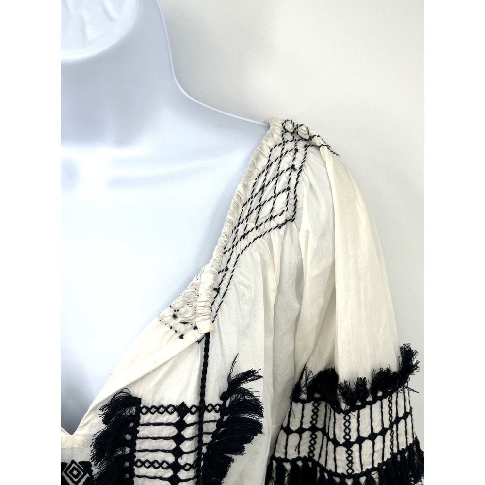 Figue Embroidered Peasant Blouse Womens Medium White Black Boho Tassel Top India - Picture 7 of 13